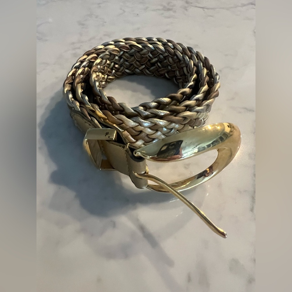 Women’s braided Metallic silver, gold bronze, small belt EUC
